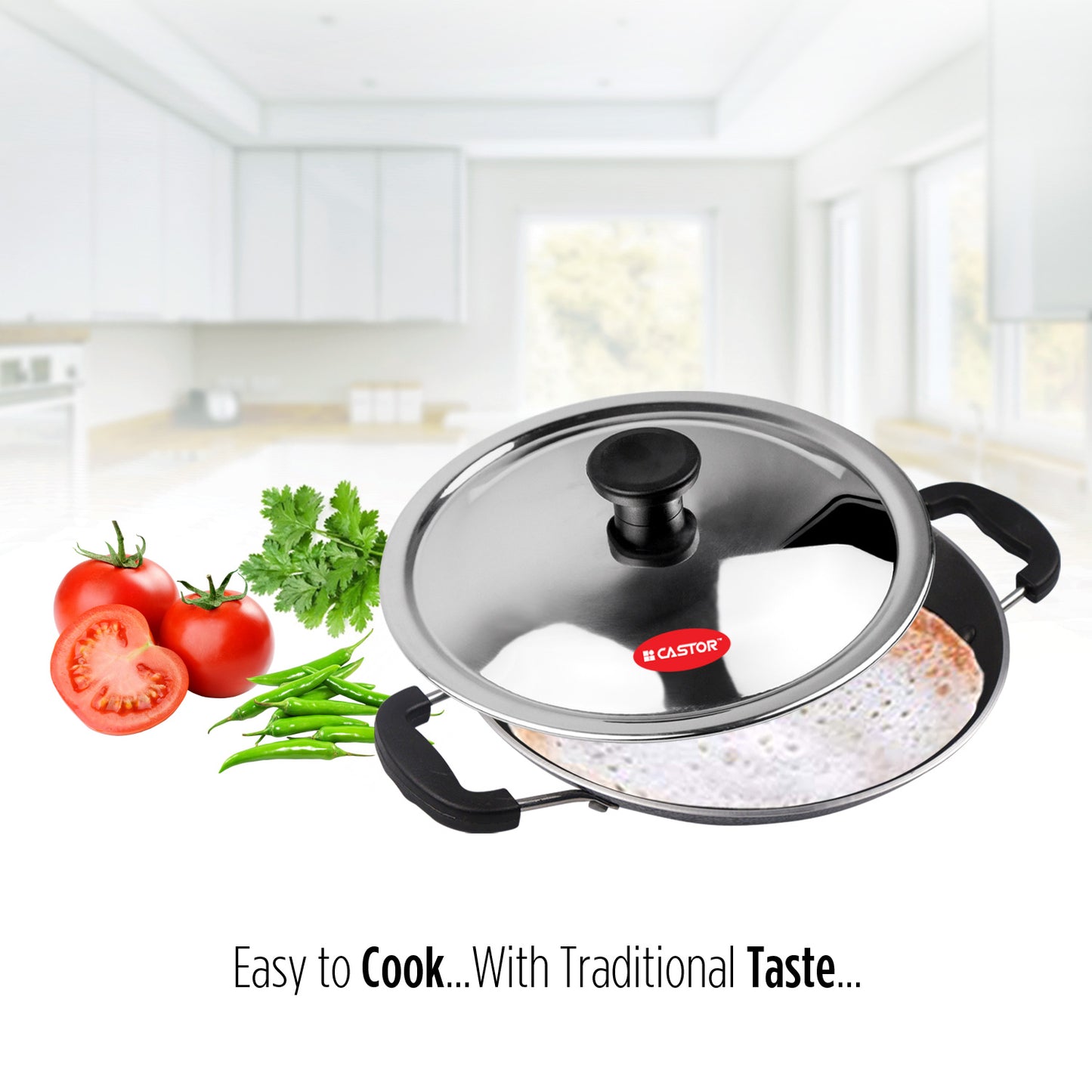 CASTOR iBELL 205 Premium Non-Stick Aluminium Appam Pan with Lid, Appachatty, 200mm, Silver