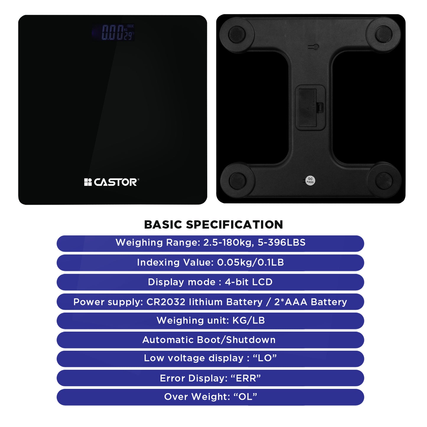 CASTOR iBELL BS026M Digital Weighing Scale for Body Weight – Tempered Glass, LCD Display, Auto Power On, Bathroom Scale up to 180 kg (Black)