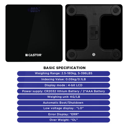 CASTOR iBELL BS026M Digital Weighing Scale for Body Weight – Tempered Glass, LCD Display, Auto Power On, Bathroom Scale up to 180 kg (Black)