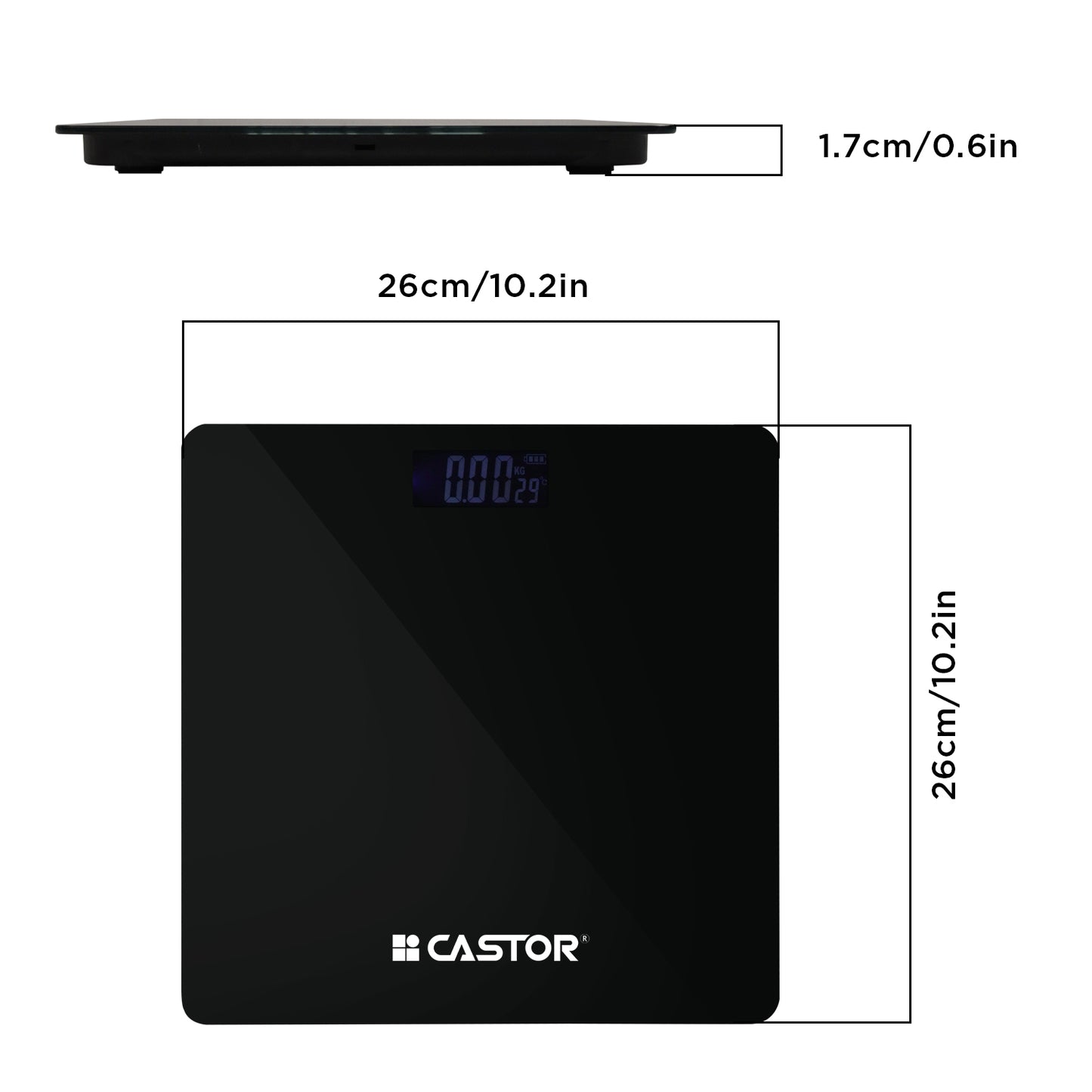 CASTOR iBELL BS026M Digital Weighing Scale for Body Weight – Tempered Glass, LCD Display, Auto Power On, Bathroom Scale up to 180 kg (Black)