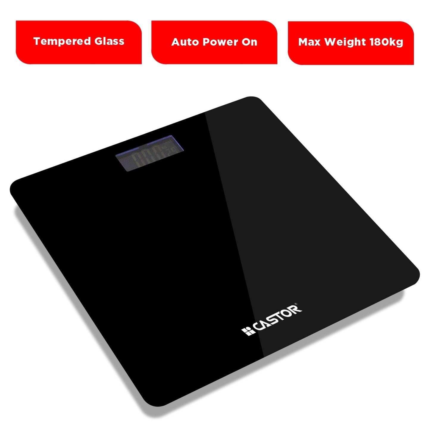 CASTOR iBELL BS026M Digital Weighing Scale for Body Weight – Tempered Glass, LCD Display, Auto Power On, Bathroom Scale up to 180 kg (Black)