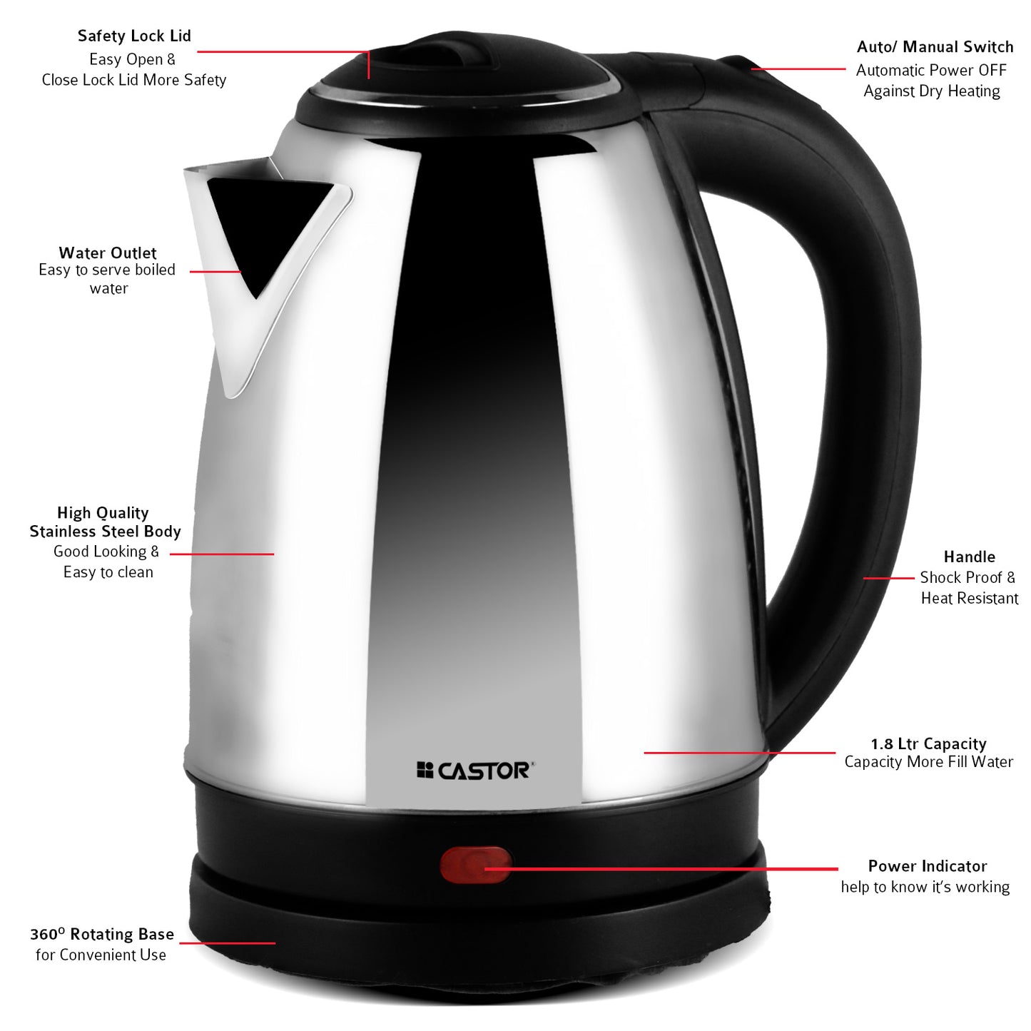 iBELL Electric Kettle 1500W Stainless Steel Body with Safety Lock Lid, Automatic Shut-Off, Heat Resistant Handle & Lid, 2-Year Warranty (1.8 Ltr)