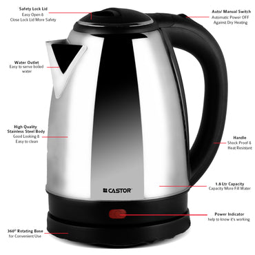 iBELL Electric Kettle 1500W Stainless Steel Body with Safety Lock Lid, Automatic Shut-Off, Heat Resistant Handle & Lid, 2-Year Warranty (1.8 Ltr)