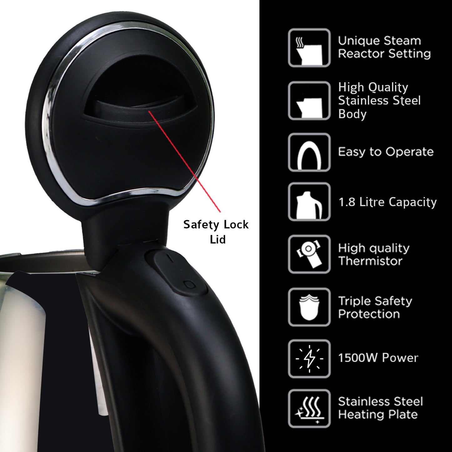 iBELL Electric Kettle 1500W Stainless Steel Body with Safety Lock Lid, Automatic Shut-Off, Heat Resistant Handle & Lid, 2-Year Warranty (1.8 Ltr)