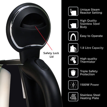 iBELL Electric Kettle 1500W Stainless Steel Body with Safety Lock Lid, Automatic Shut-Off, Heat Resistant Handle & Lid, 2-Year Warranty (1.8 Ltr)