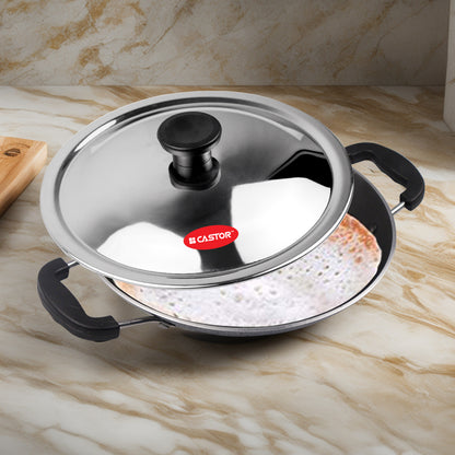 CASTOR iBELL 205 Premium Non-Stick Aluminium Appam Pan with Lid, Appachatty, 200mm, Silver