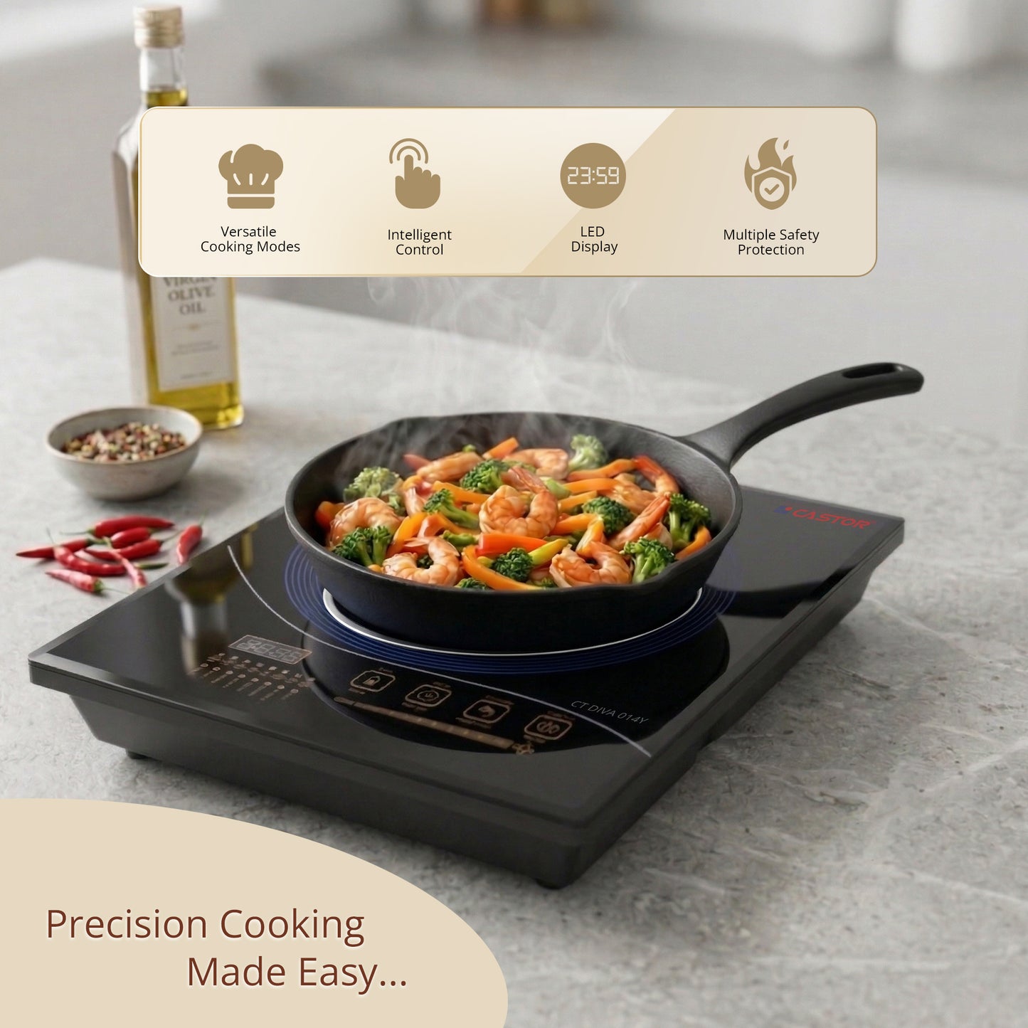 iBELL Castor DIVA014Y 2200W Induction Cooktop, 3-YEAR WARRANTY, Full Touch Control, 8 Preset Cooking Modes, Fast Heating & Temperature Control, Portable Electric Induction Cooker, [Black]