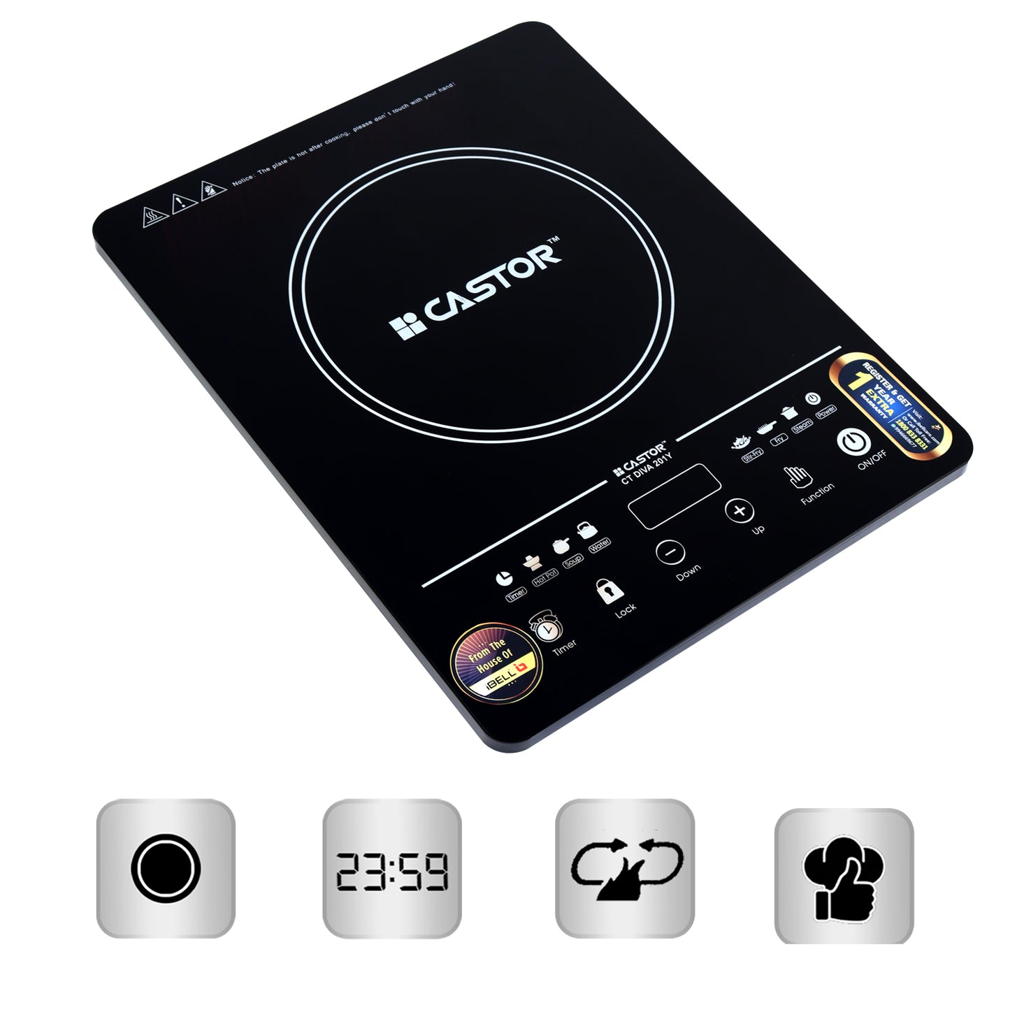 IBELL Castor DIVA Induction Cooktop 2000W, Touch Control, Auto Shut Off and Over Heat Protection, 2yr Warranty (Black)