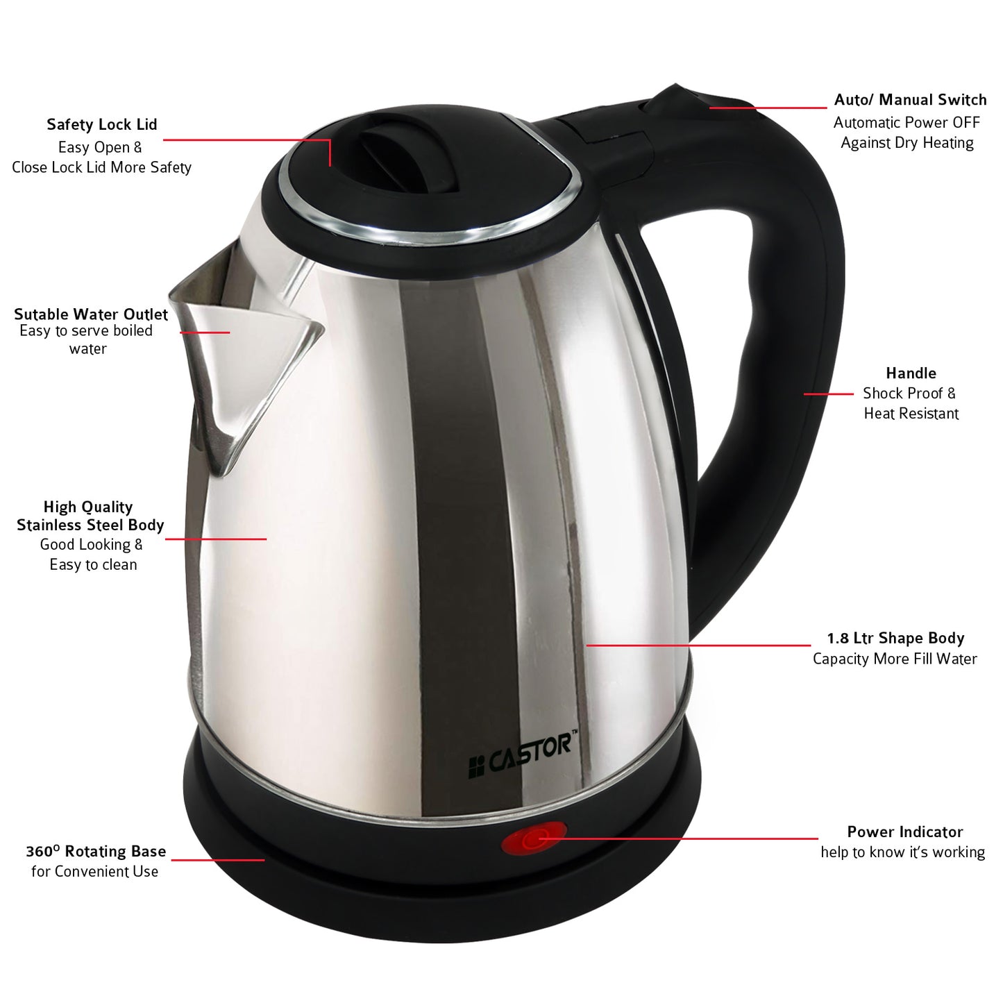 iBELL Electric Kettle 1500W Stainless Steel Body with Safety Lock Lid, Automatic Shut-Off, Heat Resistant Handle & Lid, 2-Year Warranty (1.8 Ltr)