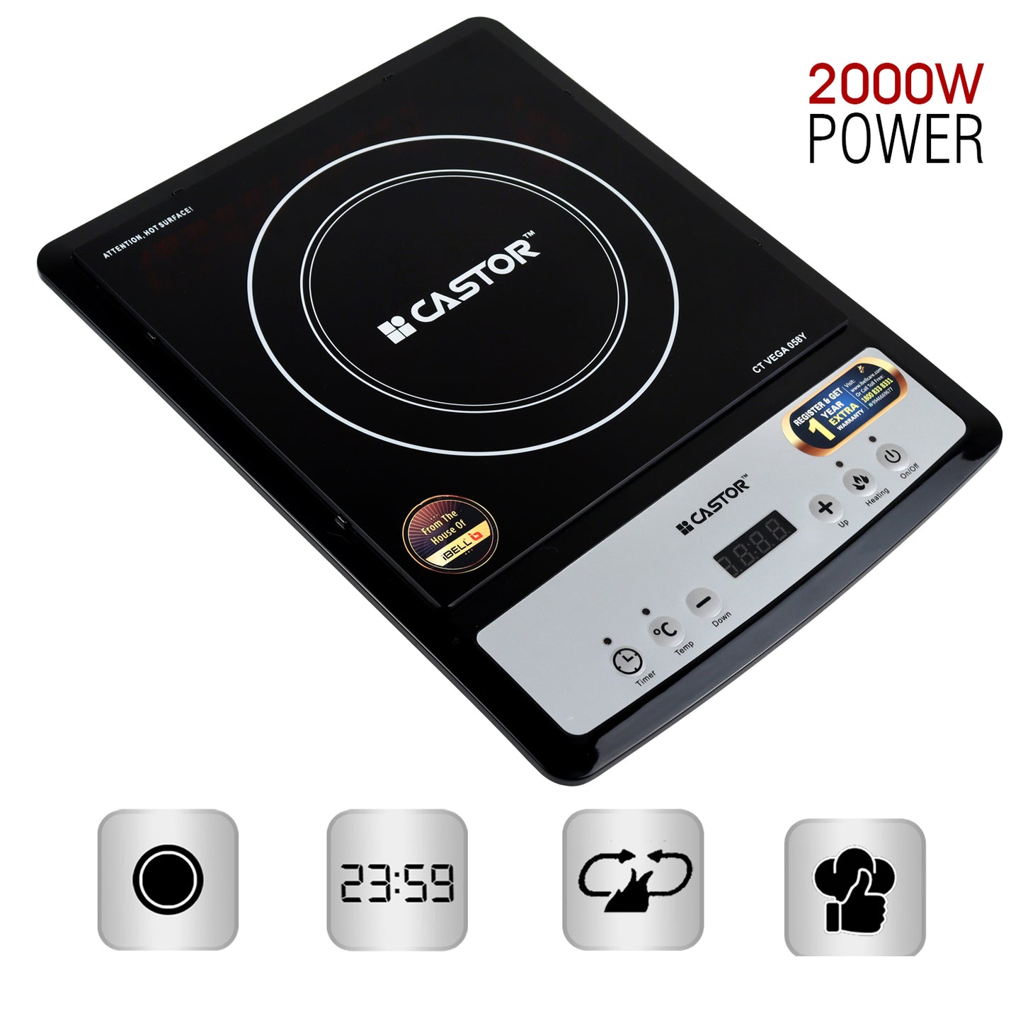 iBELL Castor VEGA Induction Cooktop 2000W, Auto Shut Off and Over Heat Protection, 2yr Warranty (Black)