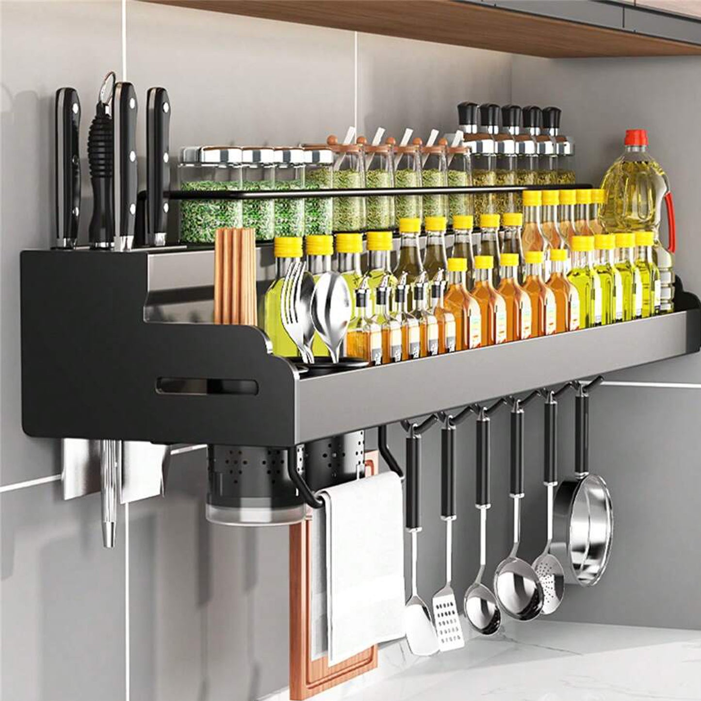iBELL Multifunctional Wall-Mounted Kitchen Storage Organizer Rack with Spice Shelf, Utensil Hooks & Holder - IBLCH260