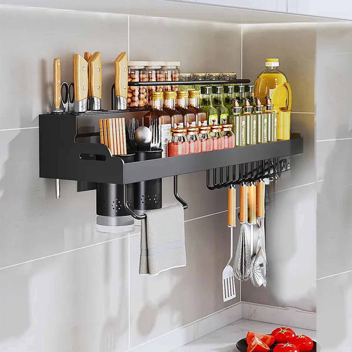 iBELL Multifunctional Wall-Mounted Kitchen Storage Organizer Rack with Spice Shelf, Utensil Hooks & Holder - IBLCH260