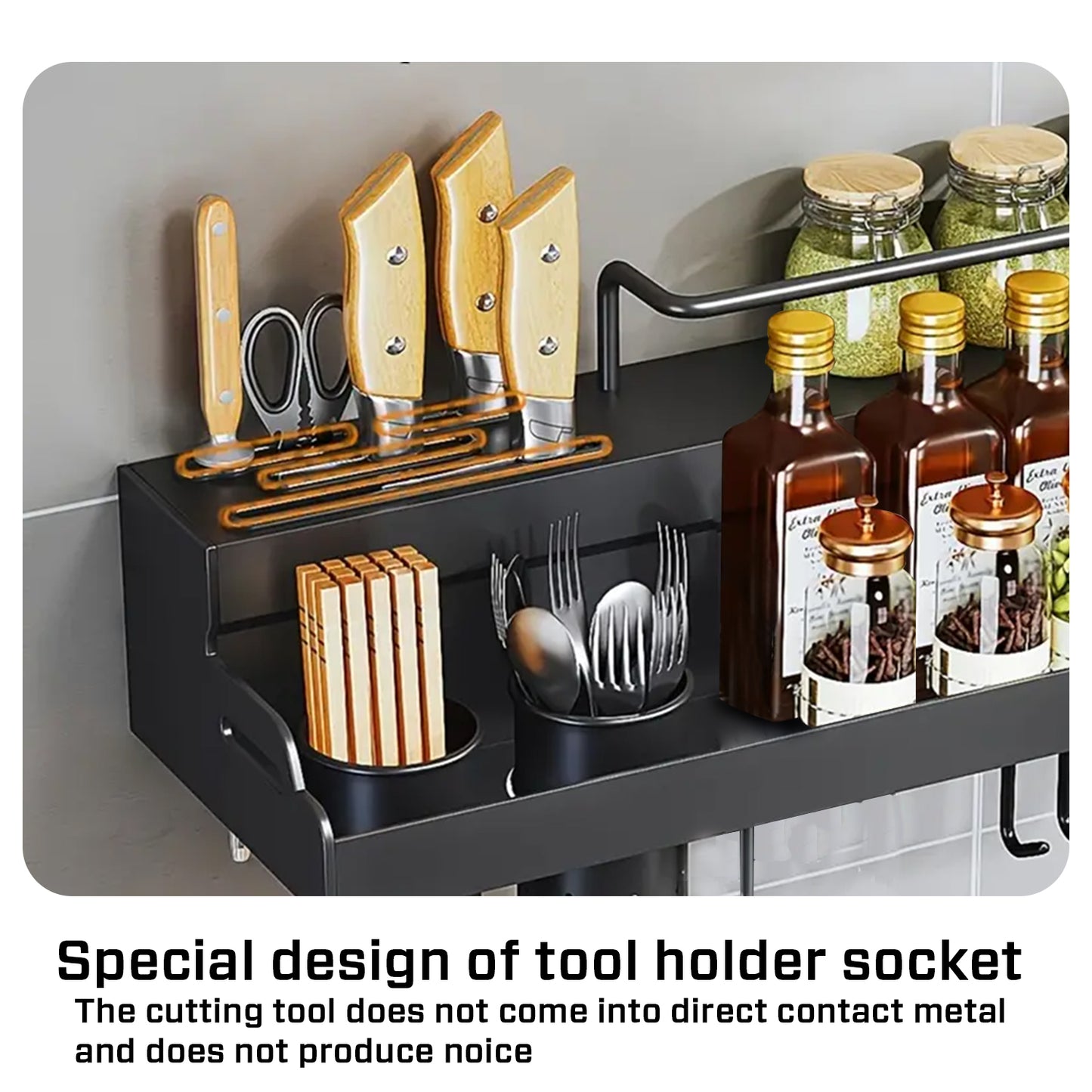 iBELL Multifunctional Wall-Mounted Kitchen Storage Organizer Rack with Spice Shelf, Utensil Hooks & Holder - IBLCH260