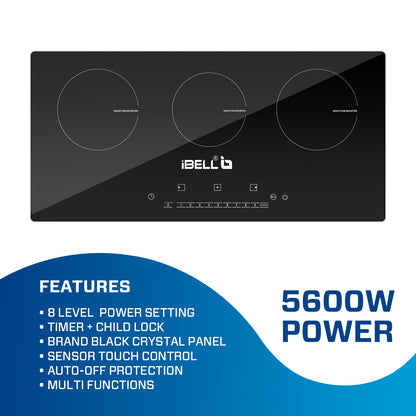 iBELL EMINENCE03 Induction Hob, Electric, 5600W, with 8 Level Power Setting, Auto -Off Protection, Toughened Glass and Touch Controls (Black)