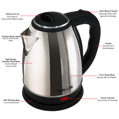 iBELL Electric Kettle 1.8 Litre, 1800W Stainless Steel Body, Auto Cut-Off & Rapid Boil, Durable & Easy to Clean Kettle for Hot Water, Tea, Coffee, and More (Silver)