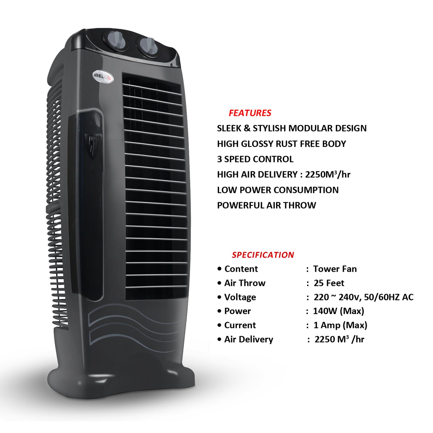 IBELL DELUXE High Speed Tower Fan, Low Power Consumption and Anti-Rust Body, 25-foot Air Delivery, 4-way Air Flow (Grey)