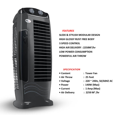 IBELL DELUXE High Speed Tower Fan, Low Power Consumption and Anti-Rust Body, 25-foot Air Delivery, 4-way Air Flow (Grey)
