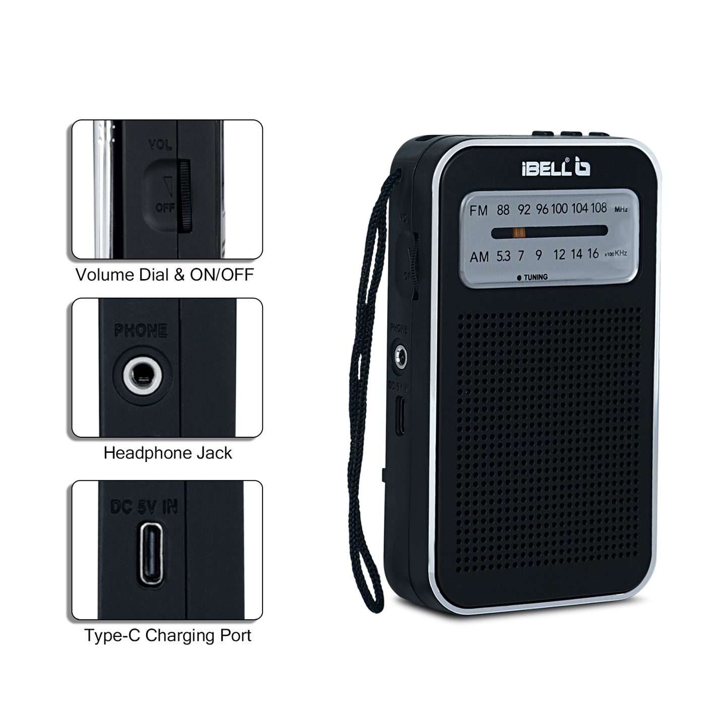 iBELL FM720BT Portable Pocket FM Radio with Bluetooth Speaker, USB/SD MP3 Player, Rechargeable with Type C Port, 2 Band (Black)