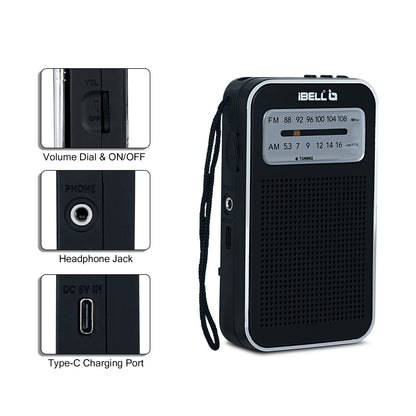 iBELL FM720BT Portable Pocket FM Radio with Bluetooth Speaker, USB/SD MP3 Player, Rechargeable with Type C Port, 2 Band (Black)
