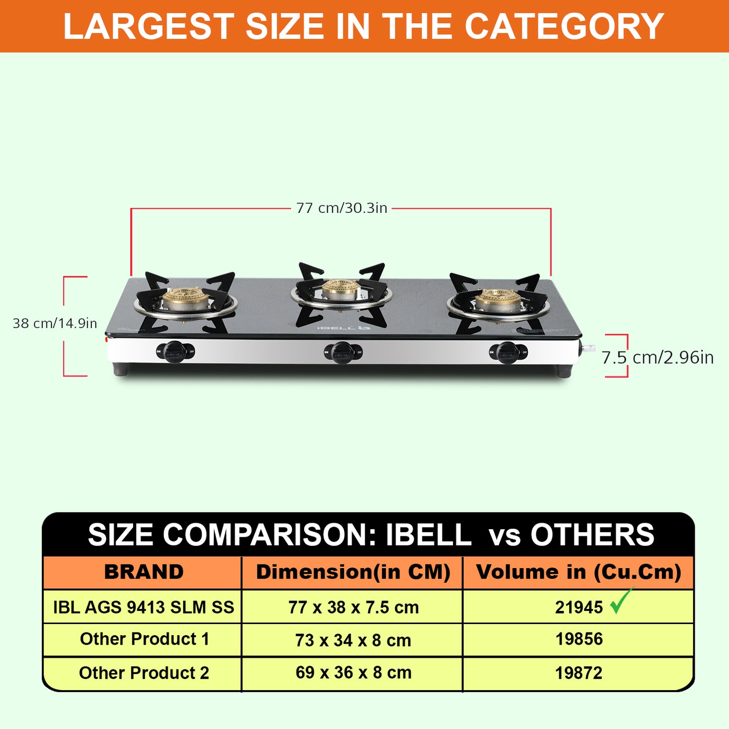 iBELL AGS9413SLM 3 Burner Gas Stove with Auto Ignition, Square Pan Supports, 7mm Toughened Glass Top, Large Size (77 x 38 x 7.5 cm, Black, Tempered Glass)