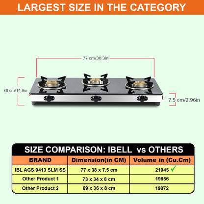 iBELL AGS9413SLM 3 Burner Gas Stove with Auto Ignition, Square Pan Supports, 7mm Toughened Glass Top, Large Size (77 x 38 x 7.5 cm, Black, Tempered Glass)
