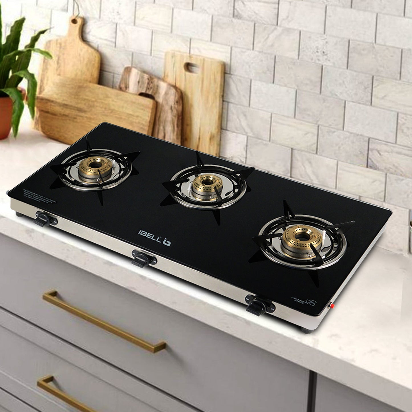 iBELL AGS9413SLM 3 Burner Gas Stove with Auto Ignition, Square Pan Supports, 7mm Toughened Glass Top, Large Size (77 x 38 x 7.5 cm, Black, Tempered Glass)