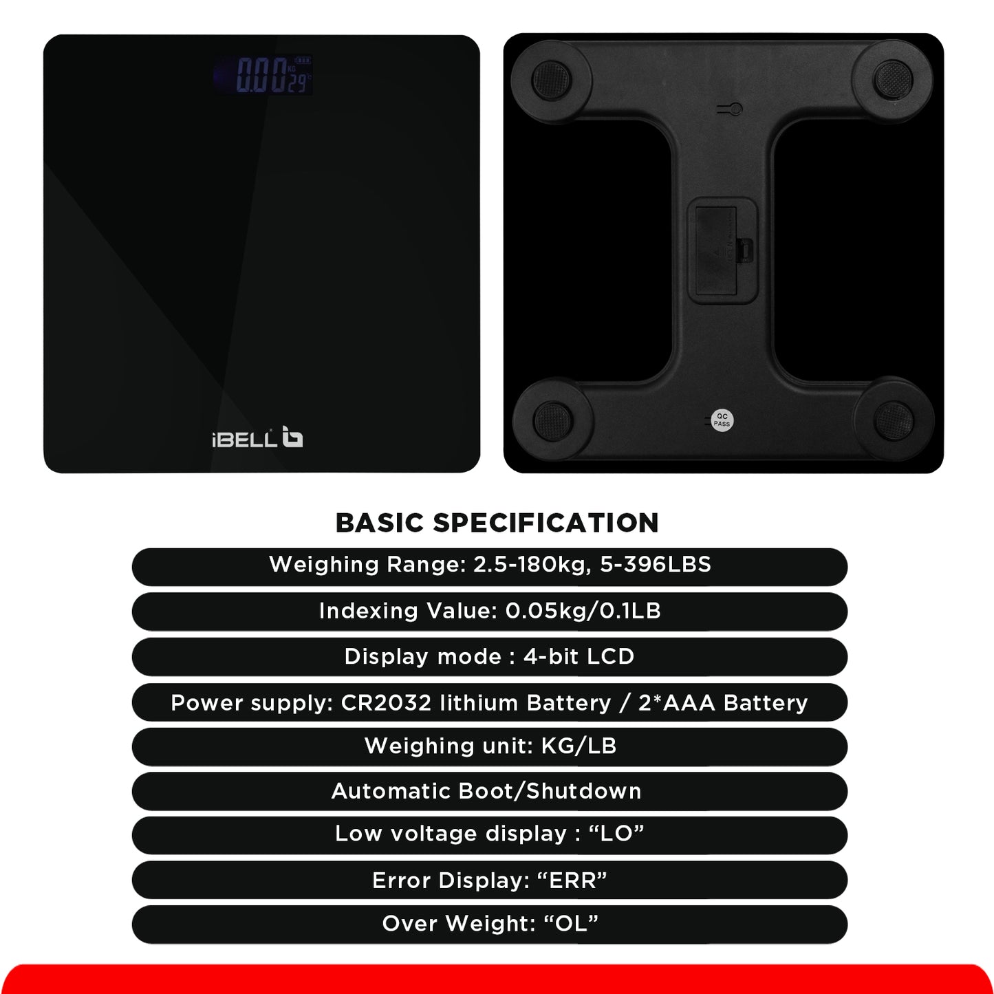 iBELL BS260M Ultra-Light Tempered Glass Backlit LCD Display Digital Personal Body Weight Weighing Scale, Bathroom Scale (180 kg)