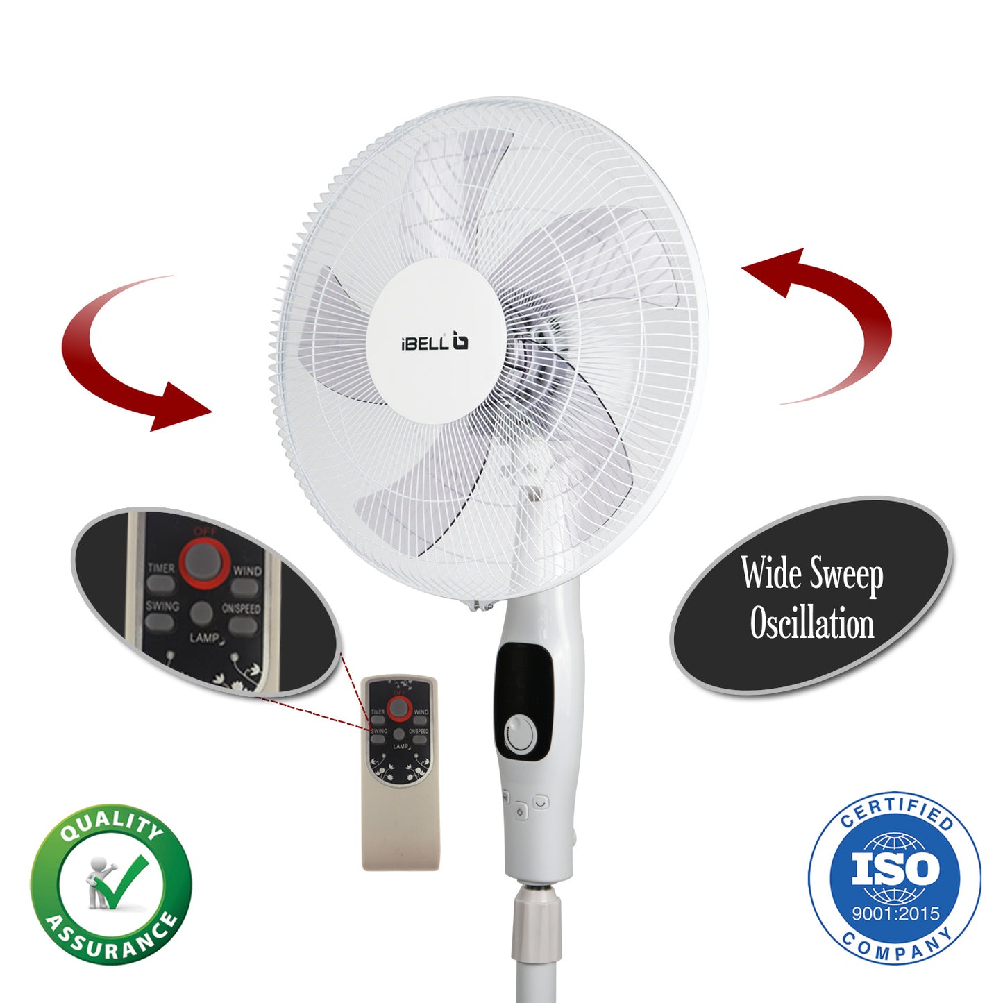 IBELL CLASSYP16SB WHITE Pedestal Fan with Remote, 400mm, 5 Leaf, 55W, LED Display, 100% Copper Motor