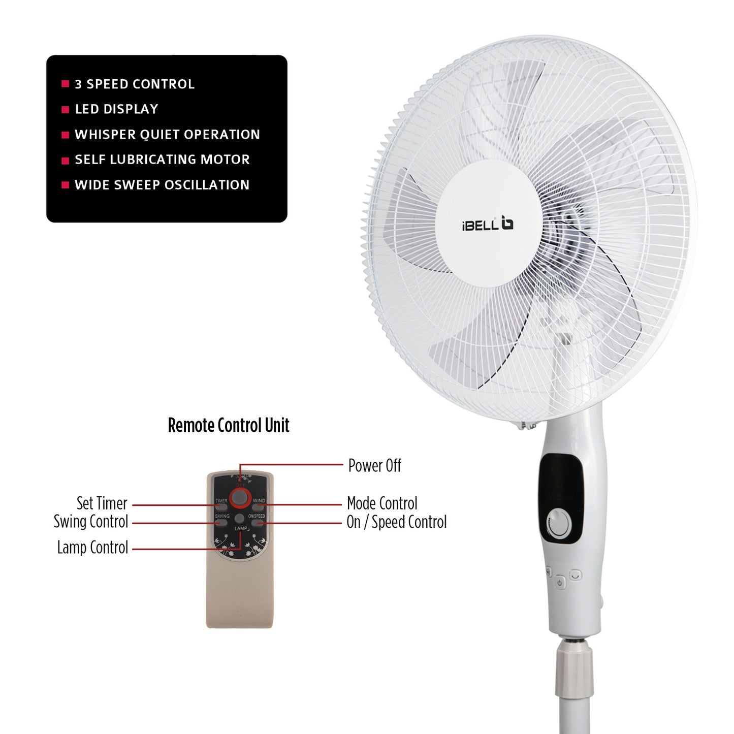 IBELL CLASSY P16 SB WHITE Pedestal Fan 5 Leaf with Remote and High Air Flow, 55W, LED Display, High Speed, Copper Motor, 400 millimeters