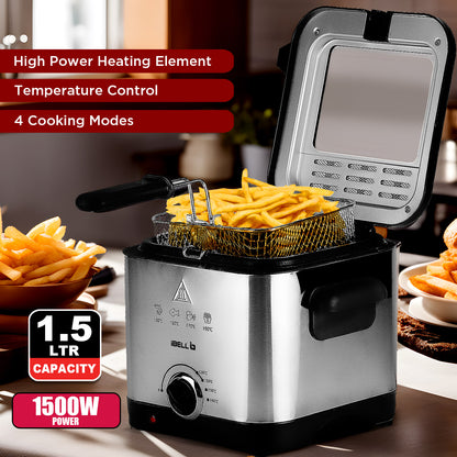 IBELL 1.5L Electric Deep Fryer Machine for Home 1500W, Transparent Lid, low oil consumption, Stainless Steel, Temperature Control (Silver)