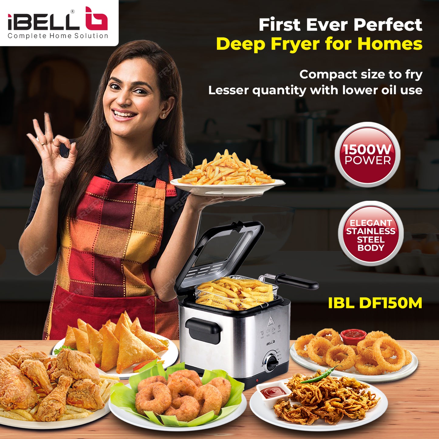IBELL 1.5L Electric Deep Fryer Machine for Home 1500W, Transparent Lid, low oil consumption, Stainless Steel, Temperature Control (Silver)