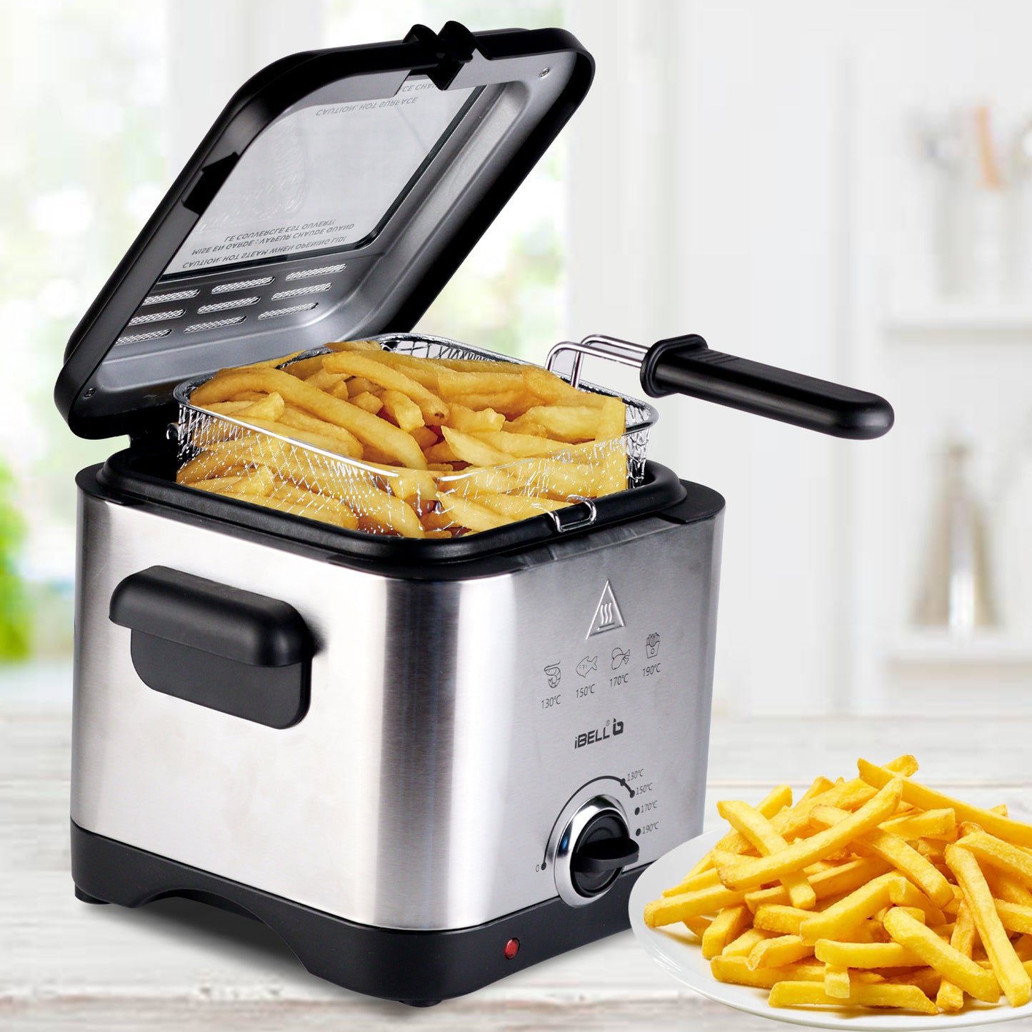 IBELL 1.5L Electric Deep Fryer Machine for Home 1500W, Transparent Lid, low oil consumption, Stainless Steel, Temperature Control (Silver)