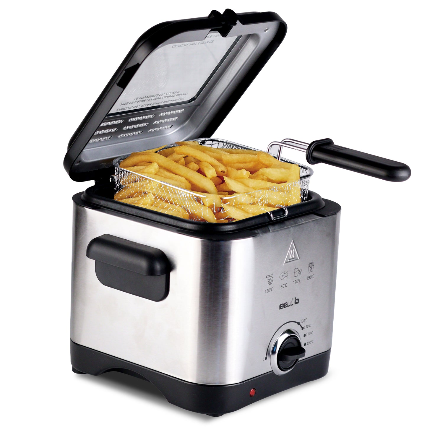 IBELL 1.5L Electric Deep Fryer Machine for Home 1500W, Transparent Lid, low oil consumption, Stainless Steel, Temperature Control (Silver)