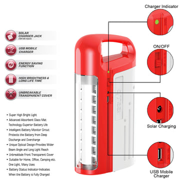 IBELL 8432 Rechargeable Emergency Light, High Bright LED Tube & LED Panel/USB Mobile Charger Jack/Solar Power Input Jack (Red)