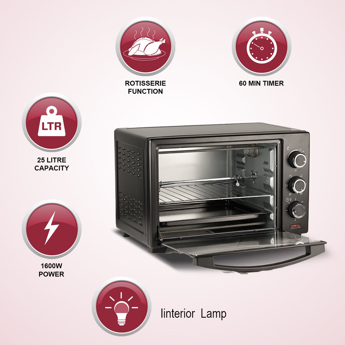 iBELL Ibleo25Lgnew 25 Liters Electric Oven Toaster Grill Otg With Rotisserie, Black, 1600 Watts