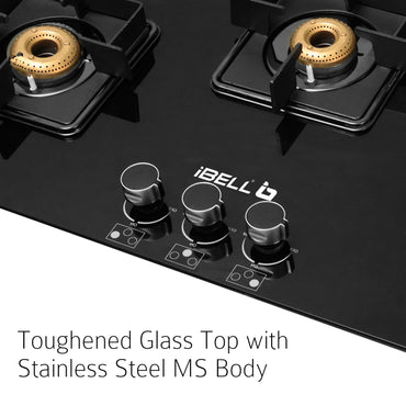 iBELL Flame 3-Burner Gas Hob with Auto Ignition – ISI Certified, Toughened Glass Top, Large Size, Brass Burners (77 x 43 x 8 cm) (Black)