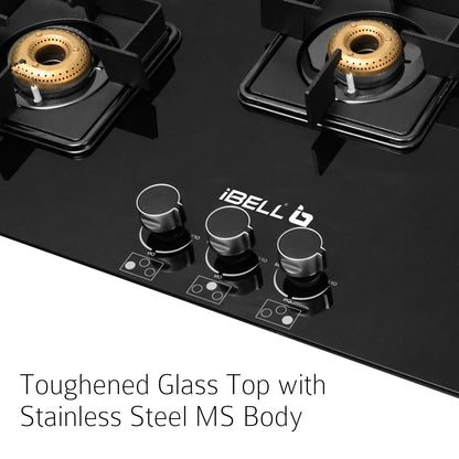 iBELL Flame 3-Burner Gas Hob with Auto Ignition – ISI Certified, Toughened Glass Top, Large Size, Brass Burners (77 x 43 x 8 cm) (Black)