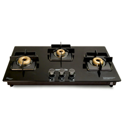 iBELL Flame 3-Burner Gas Hob with Auto Ignition – ISI Certified, Toughened Glass Top, Large Size, Brass Burners (77 x 43 x 8 cm) (Black)