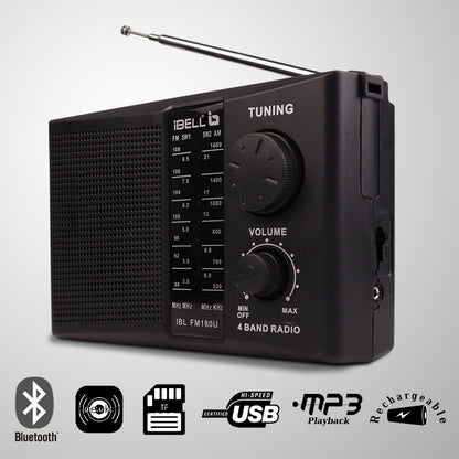 iBELL FM180U Portable FM Radio with USB/SD Slot, MP3 Player, Headphone Jack & Dynamic Speaker 4 Band (Black)