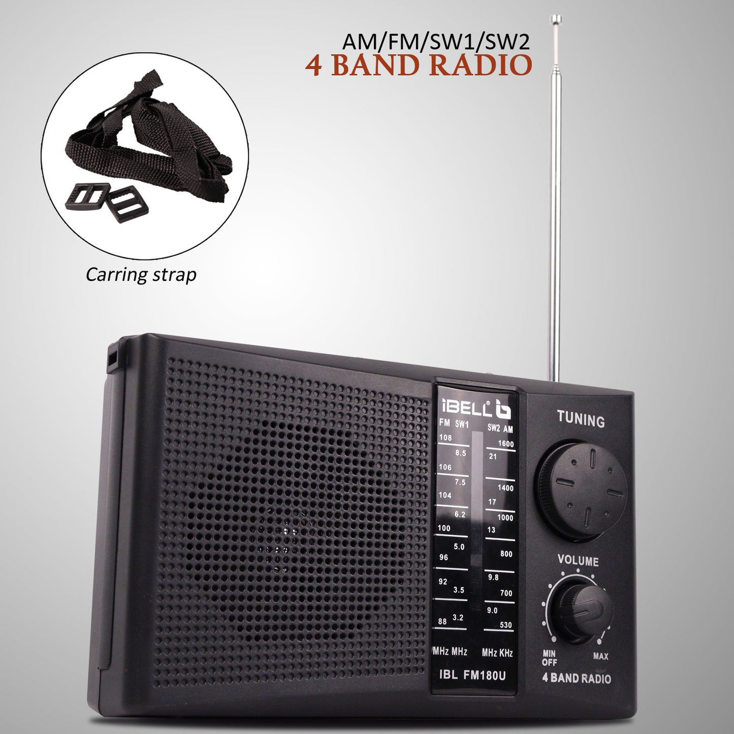 iBELL FM180U Portable FM Radio with USB/SD Slot, MP3 Player, Headphone Jack & Dynamic Speaker 4 Band (Black)