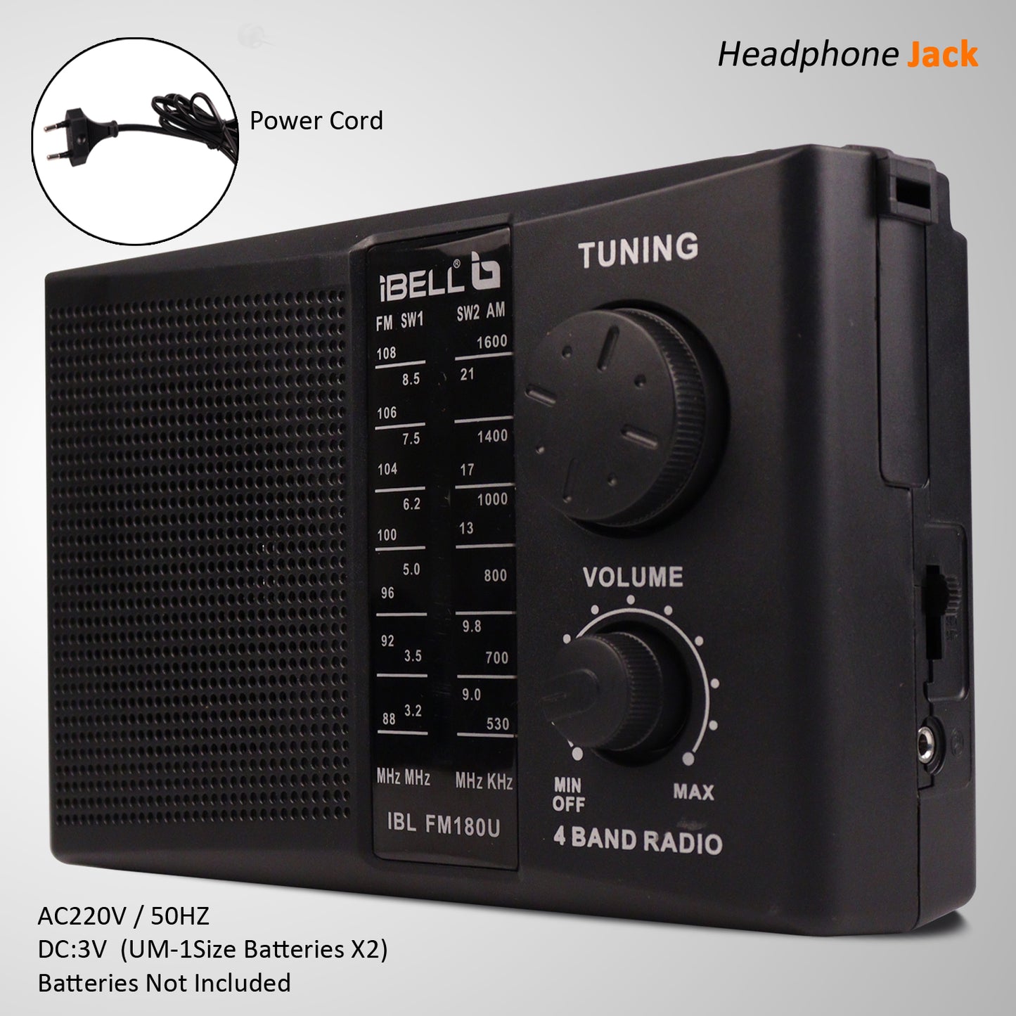 iBELL FM180U Portable FM Radio with USB/SD Slot, MP3 Player, Headphone Jack & Dynamic Speaker 4 Band (Black)