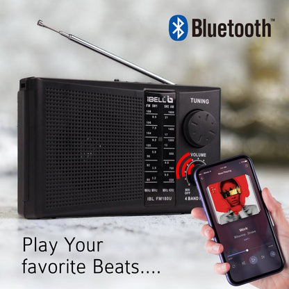 iBELL FM180U Portable FM Radio with USB/SD Slot, MP3 Player, Headphone Jack & Dynamic Speaker 4 Band (Black)