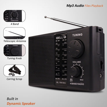 iBELL FM180U Portable FM Radio with USB/SD Slot, MP3 Player, Headphone Jack & Dynamic Speaker 4 Band (Black)