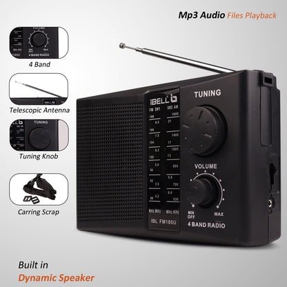 iBELL FM180U Portable FM Radio with USB/SD Slot, MP3 Player, Headphone Jack & Dynamic Speaker 4 Band (Black)