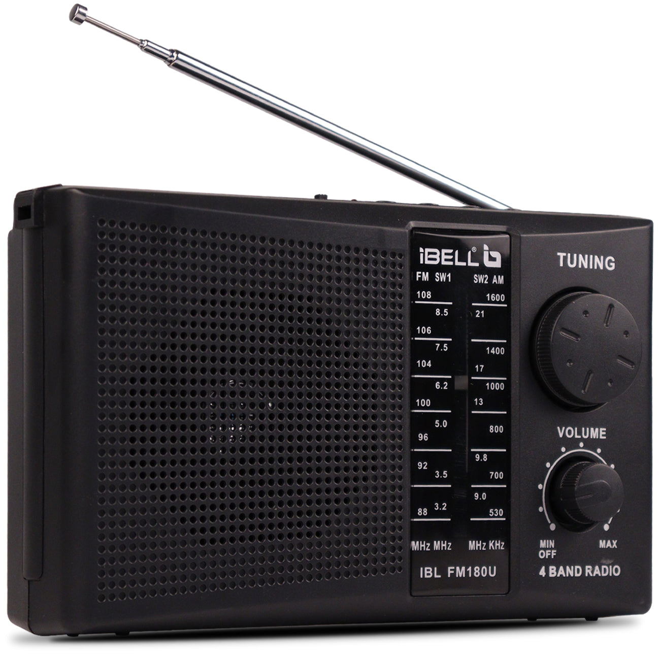 iBELL FM180U Portable FM Radio with USB/SD Slot, MP3 Player, Headphone Jack & Dynamic Speaker 4 Band (Black)