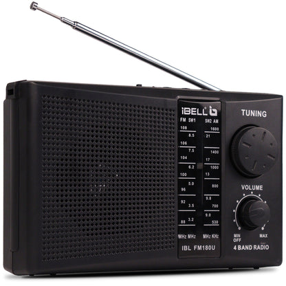iBELL FM180U Portable FM Radio with USB/SD Slot, MP3 Player, Headphone Jack & Dynamic Speaker 4 Band (Black)