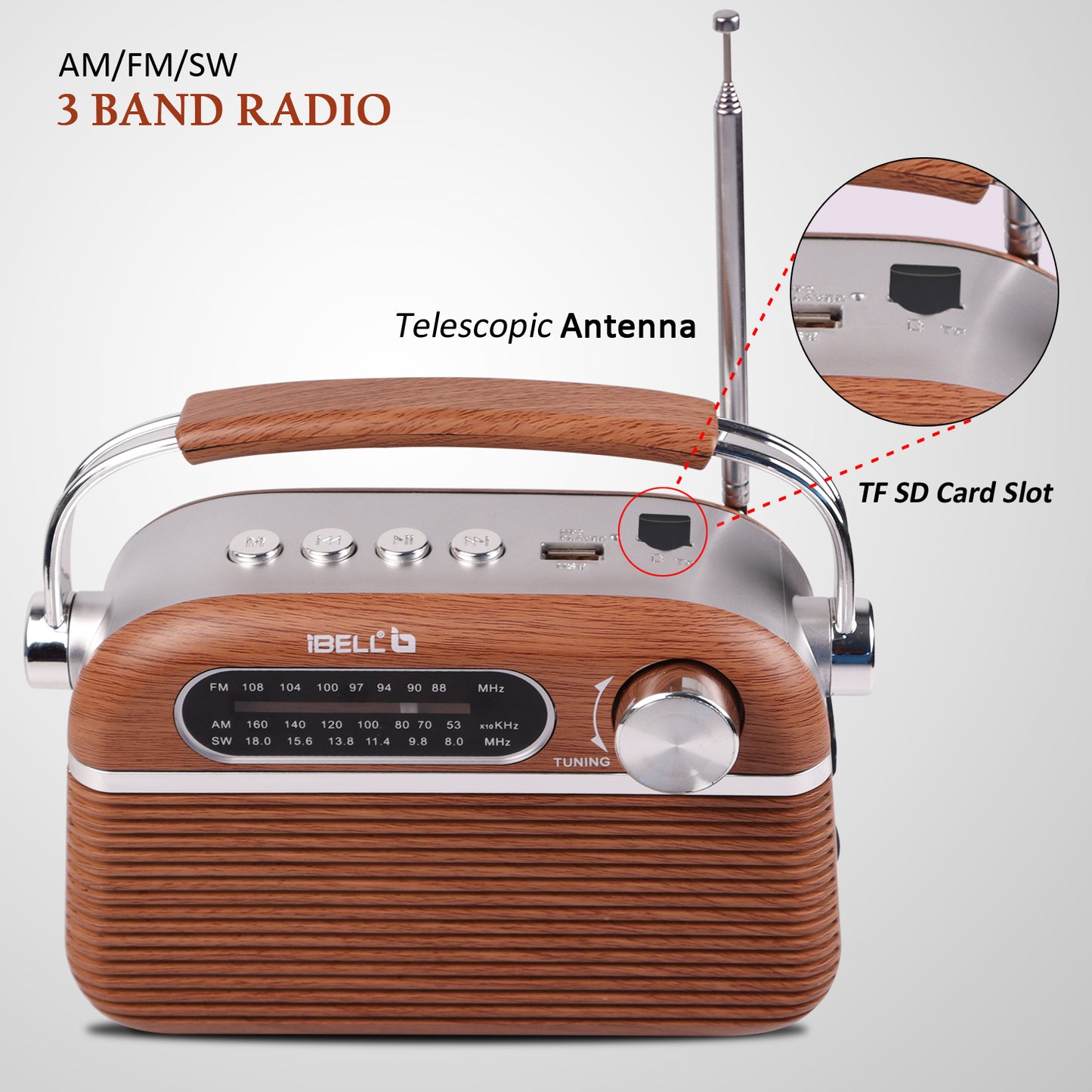 iBELL FM700BT 3-Band Portable FM Radio with Bluetooth, Dynamic Speaker, USB & SD Slot, MP3 Player (Brown)