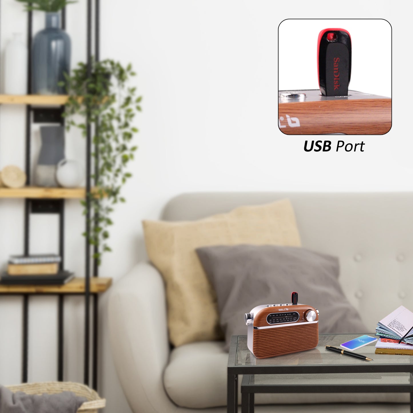 iBELL FM700BT 3-Band Portable FM Radio with Bluetooth, Dynamic Speaker, USB & SD Slot, MP3 Player (Brown)