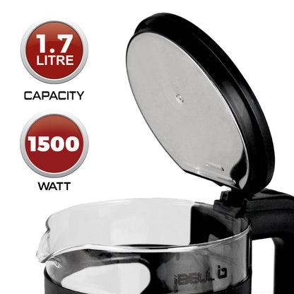 iBELL Gekb17M Black Glass Electric Kettle, Glass Kettle, 1500 Watts, 1.7 Litres, With Led Light, Tempered Glass, Auto Cut Off Function, 360 Degree Rotating Base, Black