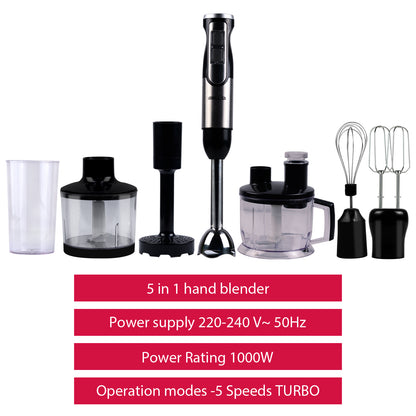 iBELL HB1000J 6-in-1 Hand Blender | 1000W Electric Hand Blender Mixer with Adjustable Speed, Immersion Blender, Whisk, Beater, Chopper, Slicer & 600ml Container (Black)